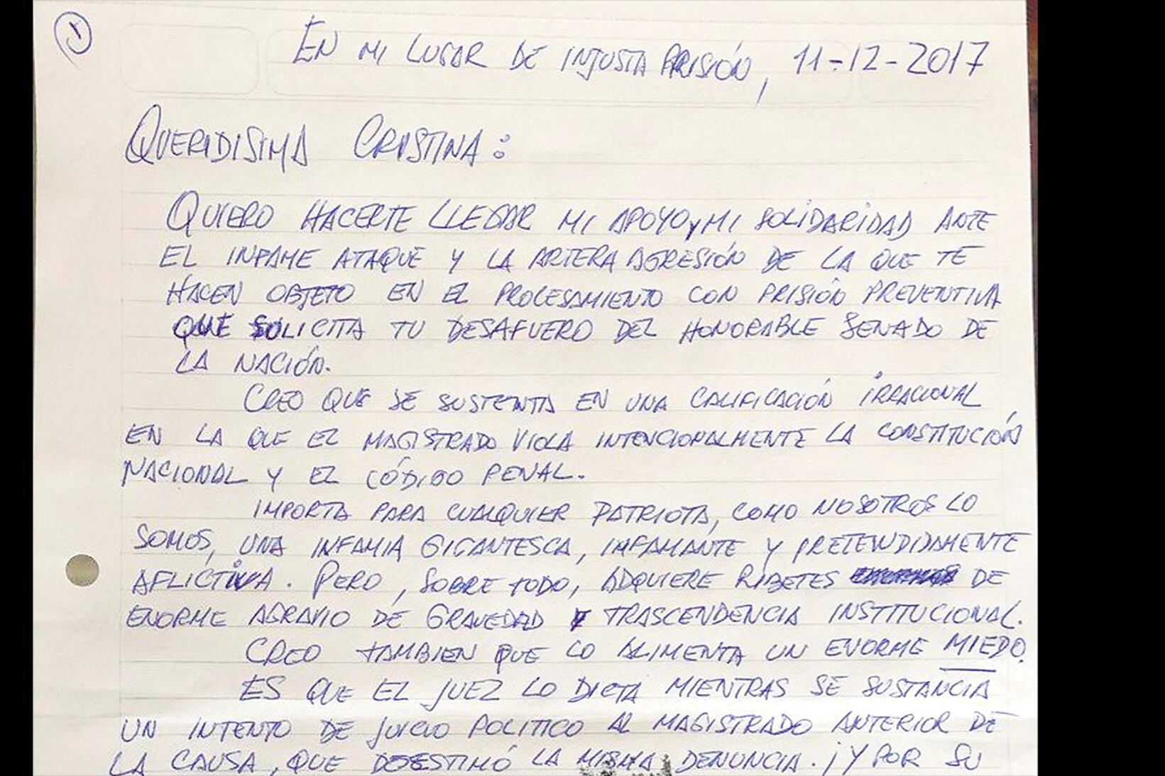 El ex secretario Legal y Técnico redactó la carta de puño y letra, que fue entregada a CFK en el Instituto Patria.