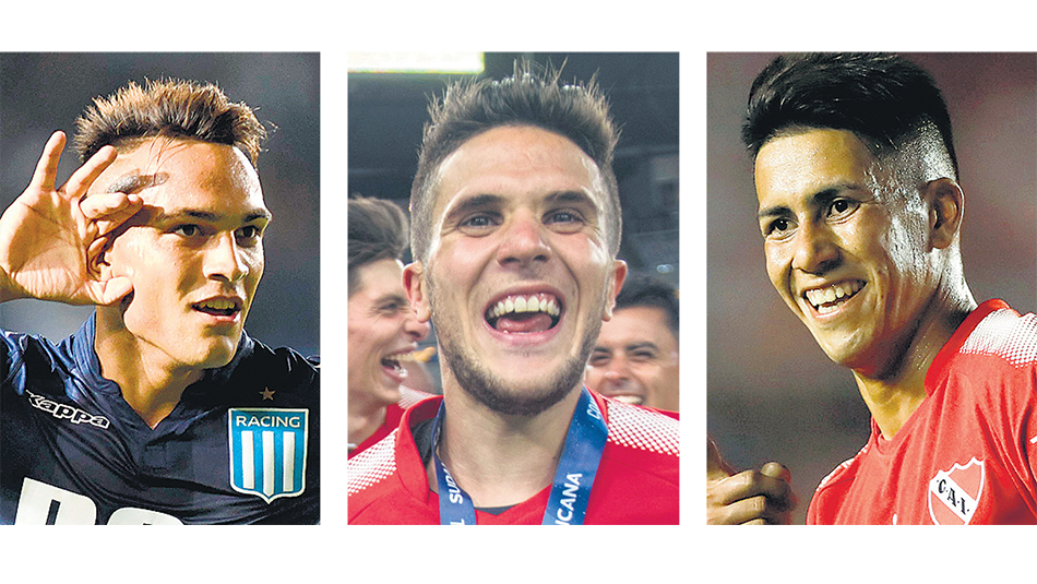 Lautaro Martínez (Racing), Fabricio Bustos (Independiente) y Maximiliano Meza (Independiente).