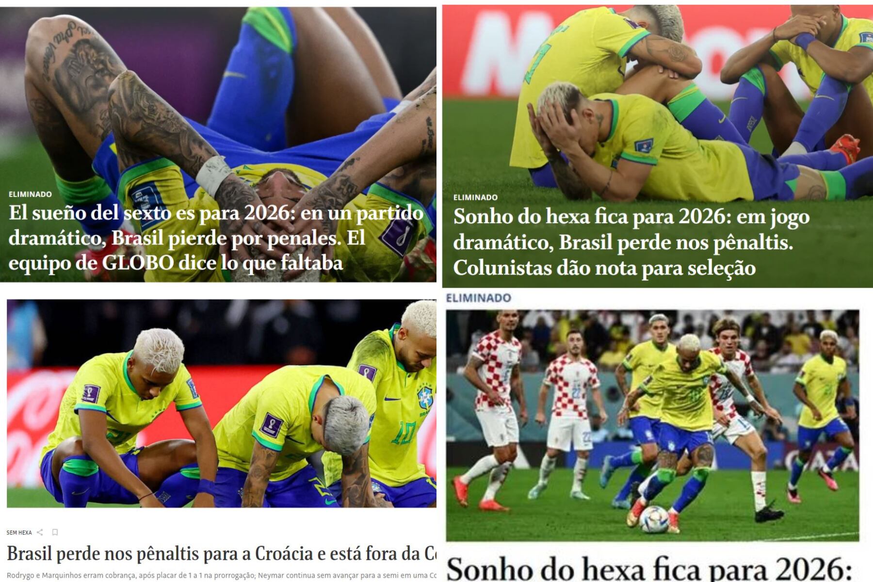 Cómo los diarios de Brasil reflejan hoy la eliminación ante Croacia. Imagen: captura de pantalla. 