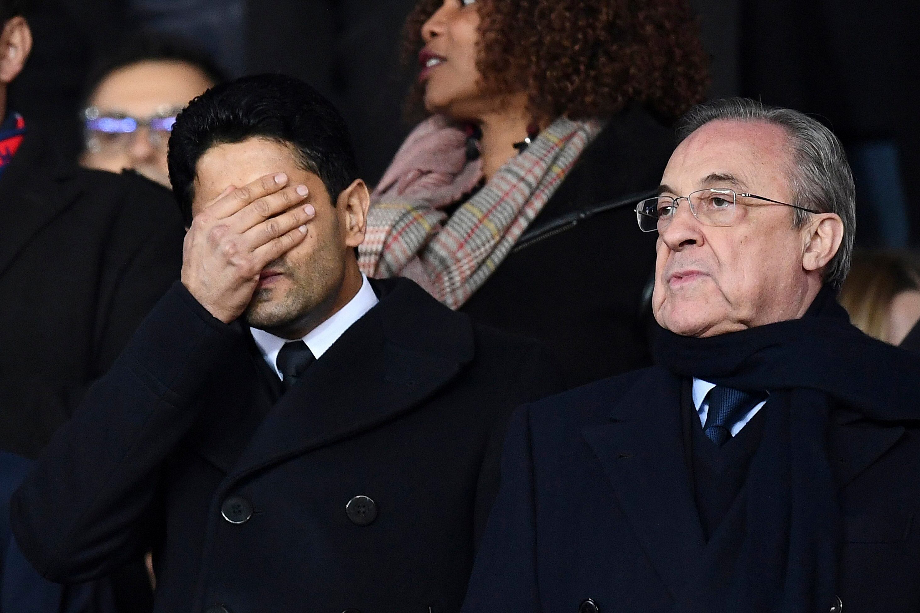 Florentino y el qatarí Nasser Al-Khelaifi, presidente del PSG, en 2018. El español dijo que por ahora no invitaron a los franceses.