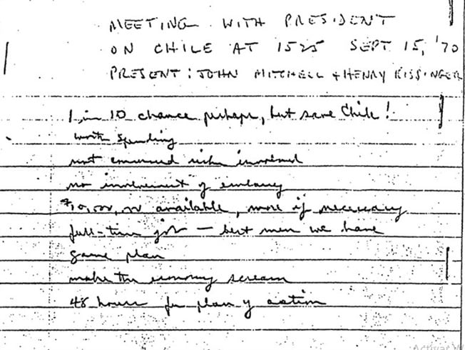 Richard Helms --CIA-- tomó nota de las órdenes golpistas de Richard Nixon.