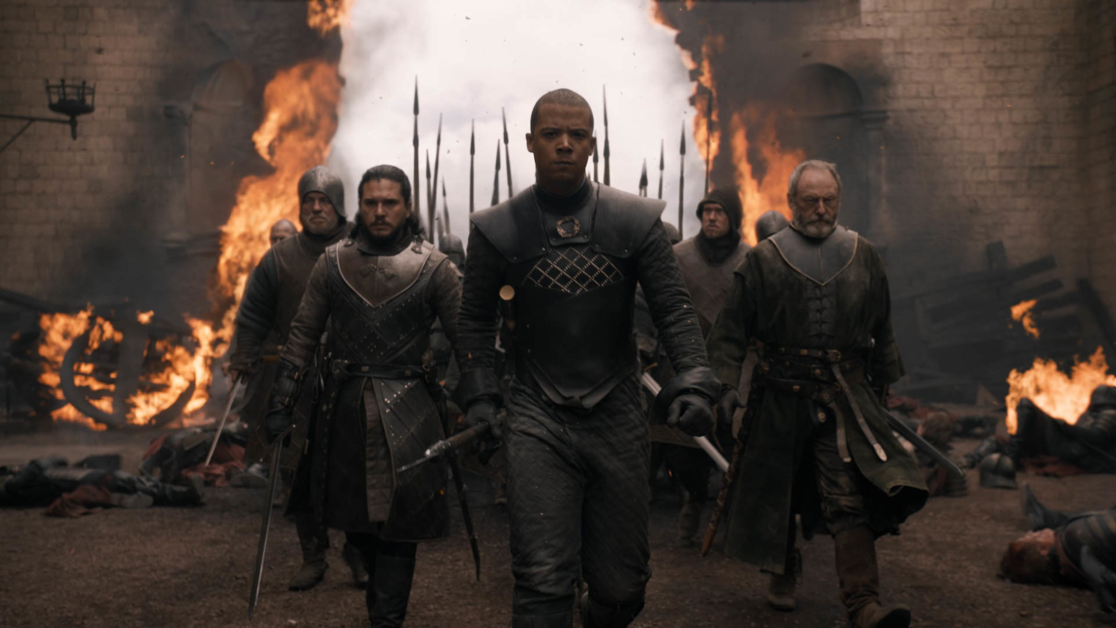 Jon Snow, Gusano Gris, Ser Davos y un escenario de fuego.