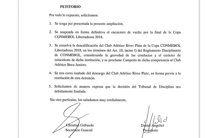 Copia del pedido de Boca al Tribunal de Disciplina de la Conmebol.