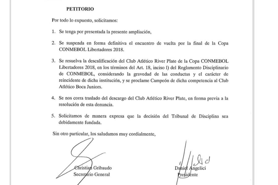 Copia del pedido de Boca al Tribunal de Disciplina de la Conmebol.
