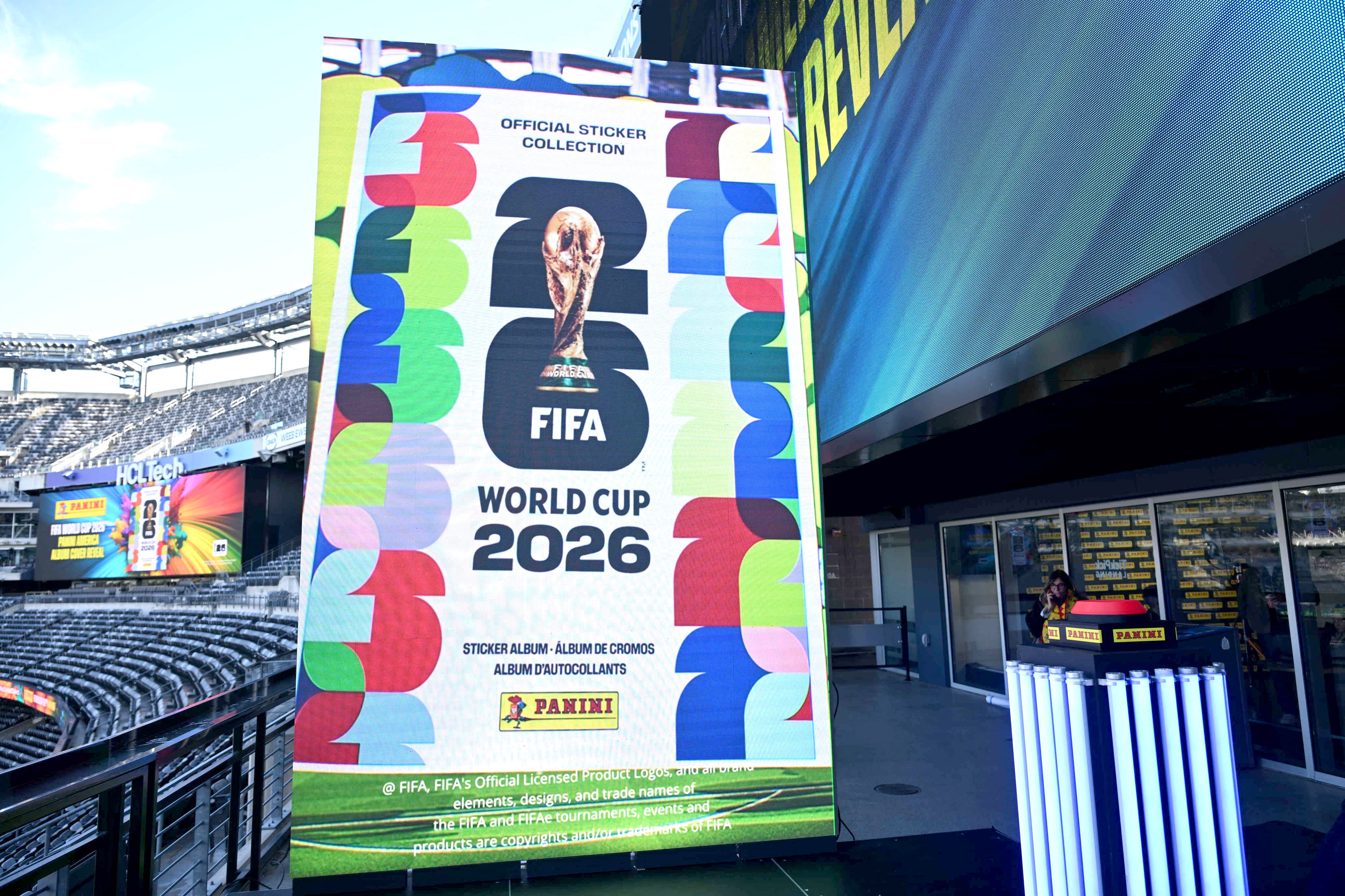 NEW YORK, NEW YORK - DECEMBER 03: The Panini America FIFA World Cup 2026™ Sticker Collection Album Cover for Canada and the United States, unveiled today at MetLife Stadium on December 03, 2025 in East Rutherford, New Jersey.   Dave Kotinsky/Getty Images for Panini America/AFP (Photo by Dave Kotinsky / GETTY IMAGES NORTH AMERICA / Getty Images via AFP)