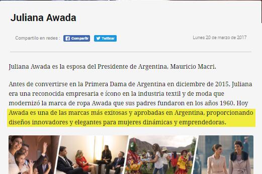 La publicidad de la marca Awada en la web de Presidencia.