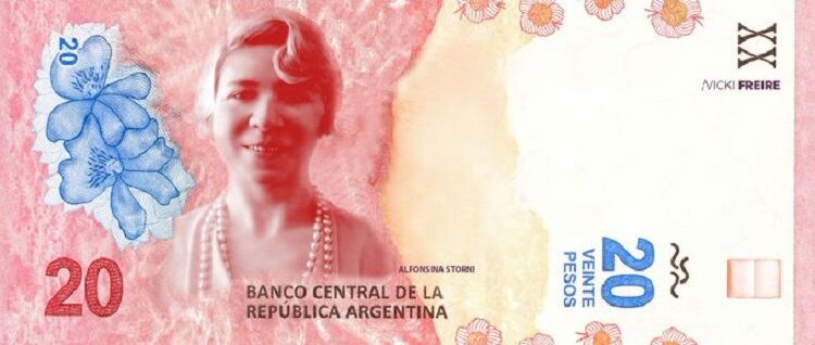 El billete de 20 pesos con la efigie de Alfonsina Storni.
