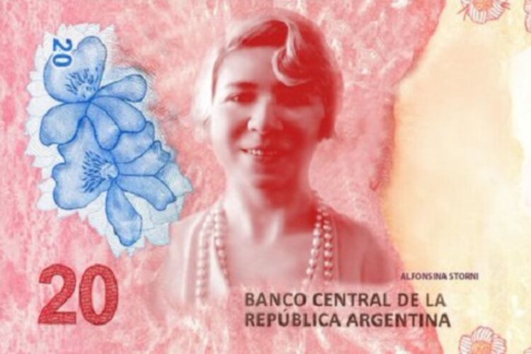 El billete de 20 pesos con la efigie de Alfonsina Storni.