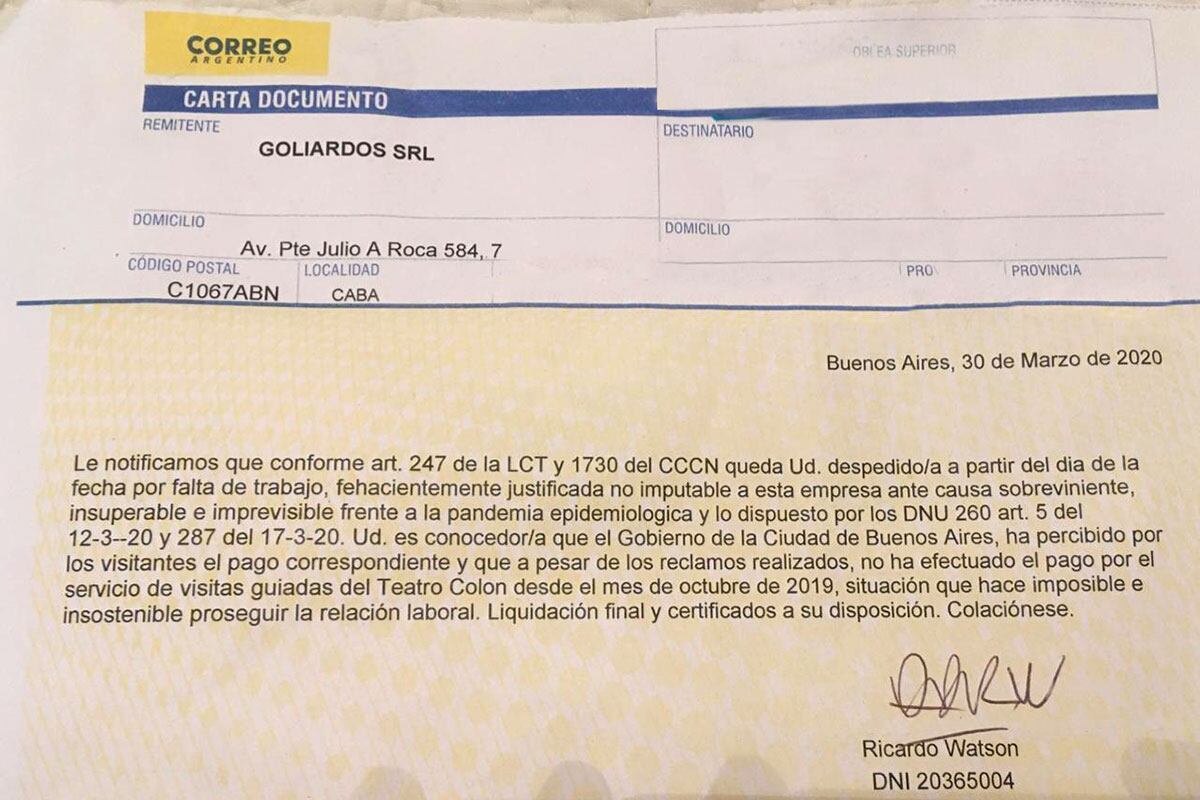 Uno de los telegramas recibidos por los trabajadores el jueves.