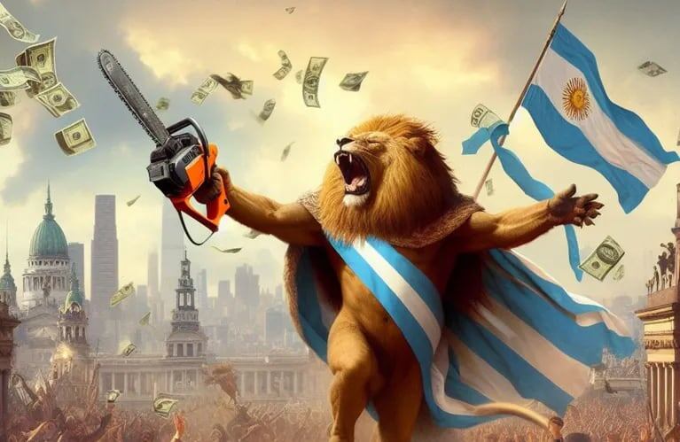 Milei llegó a la presidencia con imágenes creadas por IA como la de la foto, donde llueven dólares y la bandera argentina flamea. 