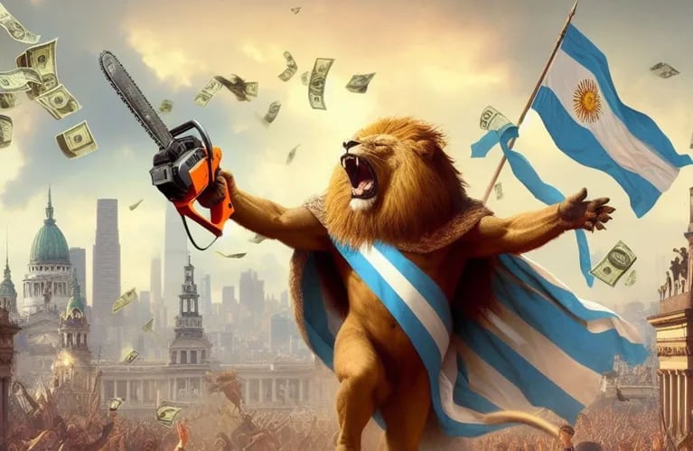 Milei llegó a la presidencia con imágenes creadas por IA como la de la foto, donde llueven dólares y la bandera argentina flamea.
