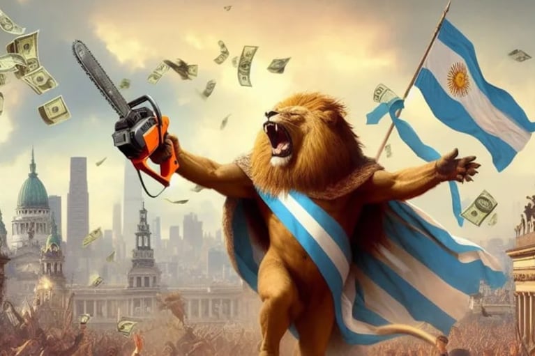 Milei llegó a la presidencia con imágenes creadas por IA como la de la foto, donde llueven dólares y la bandera argentina flamea.