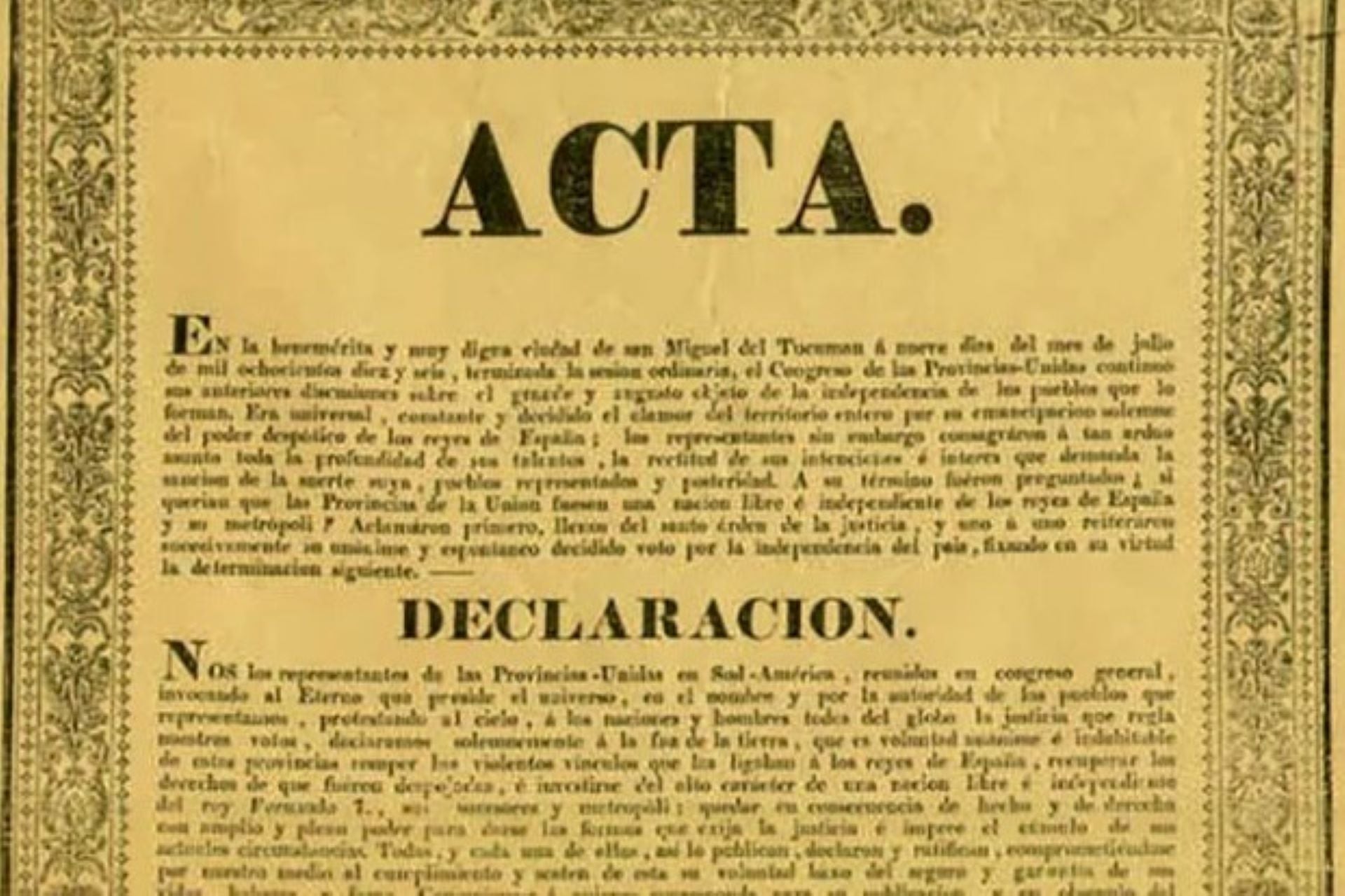 Una de las copias del acta de la Declaración de la Independencia, firmada por 29 congresales, el 9 de julio de 1816, en San Miguel de Tucumán.