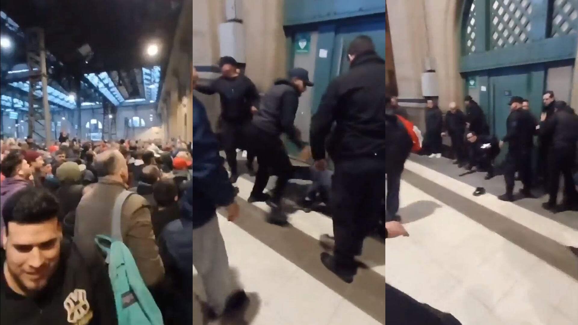 Constitución: una multitud frenó el violento accionar de un Policía hacia un joven que intentaba saltar un molinete (Imagen: collage de capturas de pantalla de videos de redes sociales)