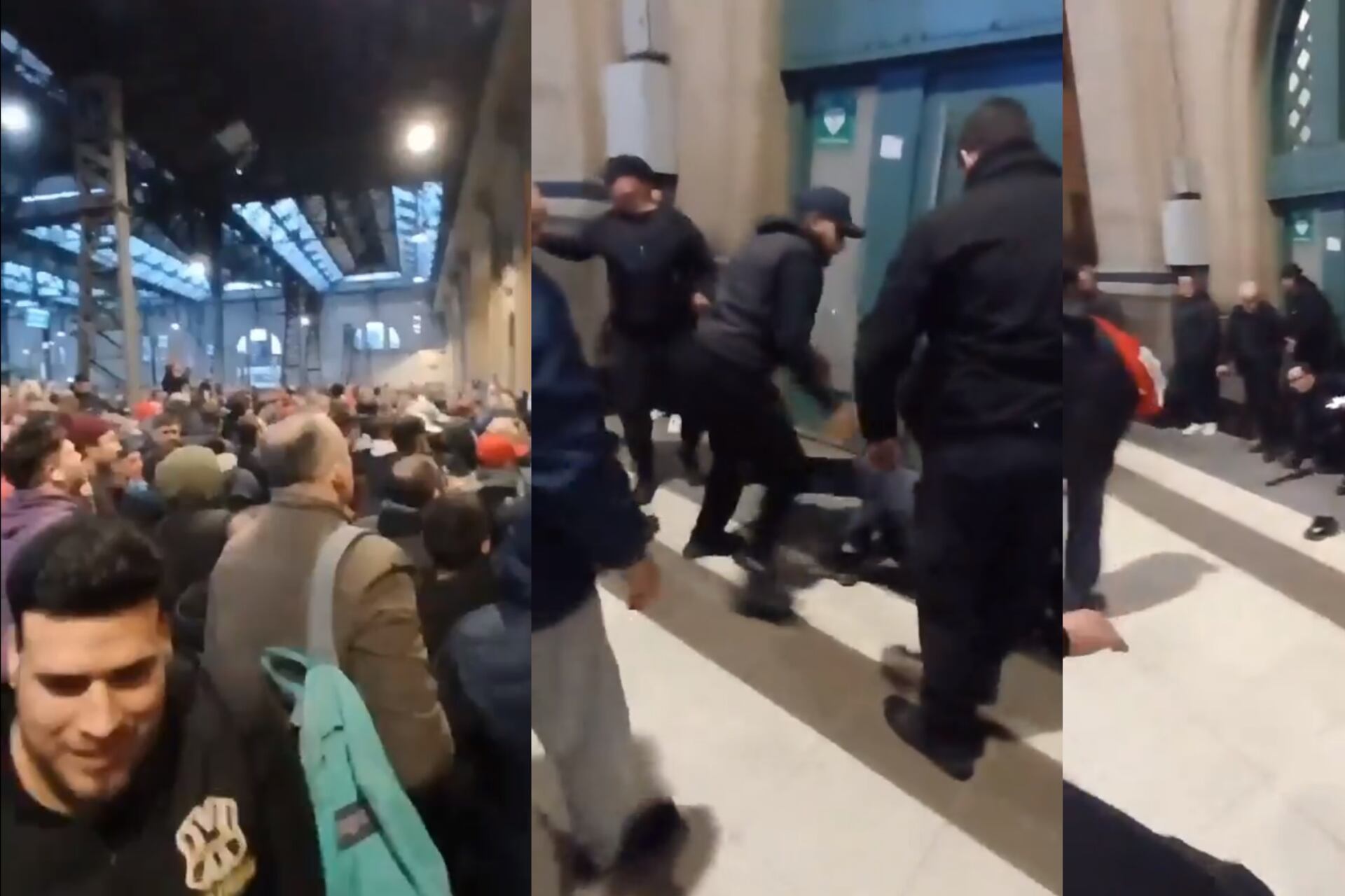 Constitución: una multitud frenó el violento accionar de un Policía hacia un joven que intentaba saltar un molinete (Imagen: collage de capturas de pantalla de videos de redes sociales)