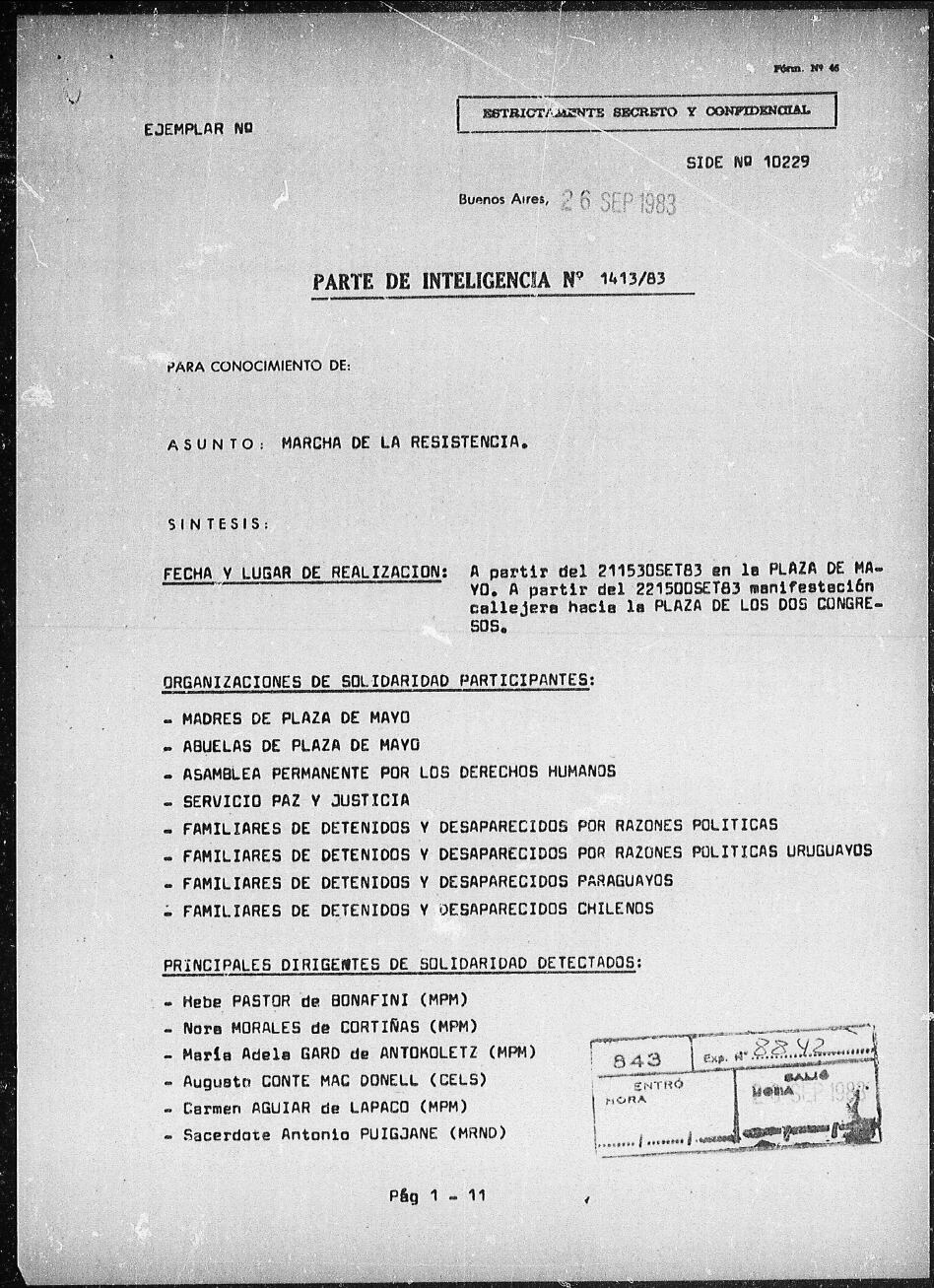 La carátula del parte de Inteligencia sobre la Marcha del 21 de septiembre de 1983