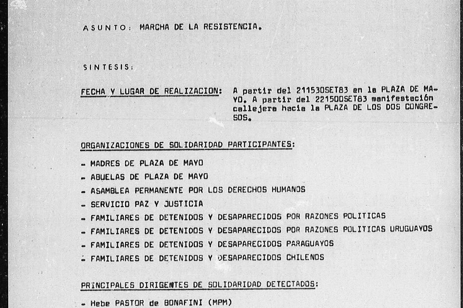 La carátula del parte de Inteligencia sobre la Marcha del 21 de septiembre de 1983