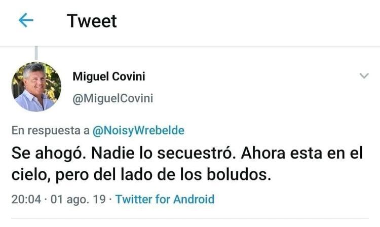 El tuiteo original, que Covini borró pero que antes fue capturado.