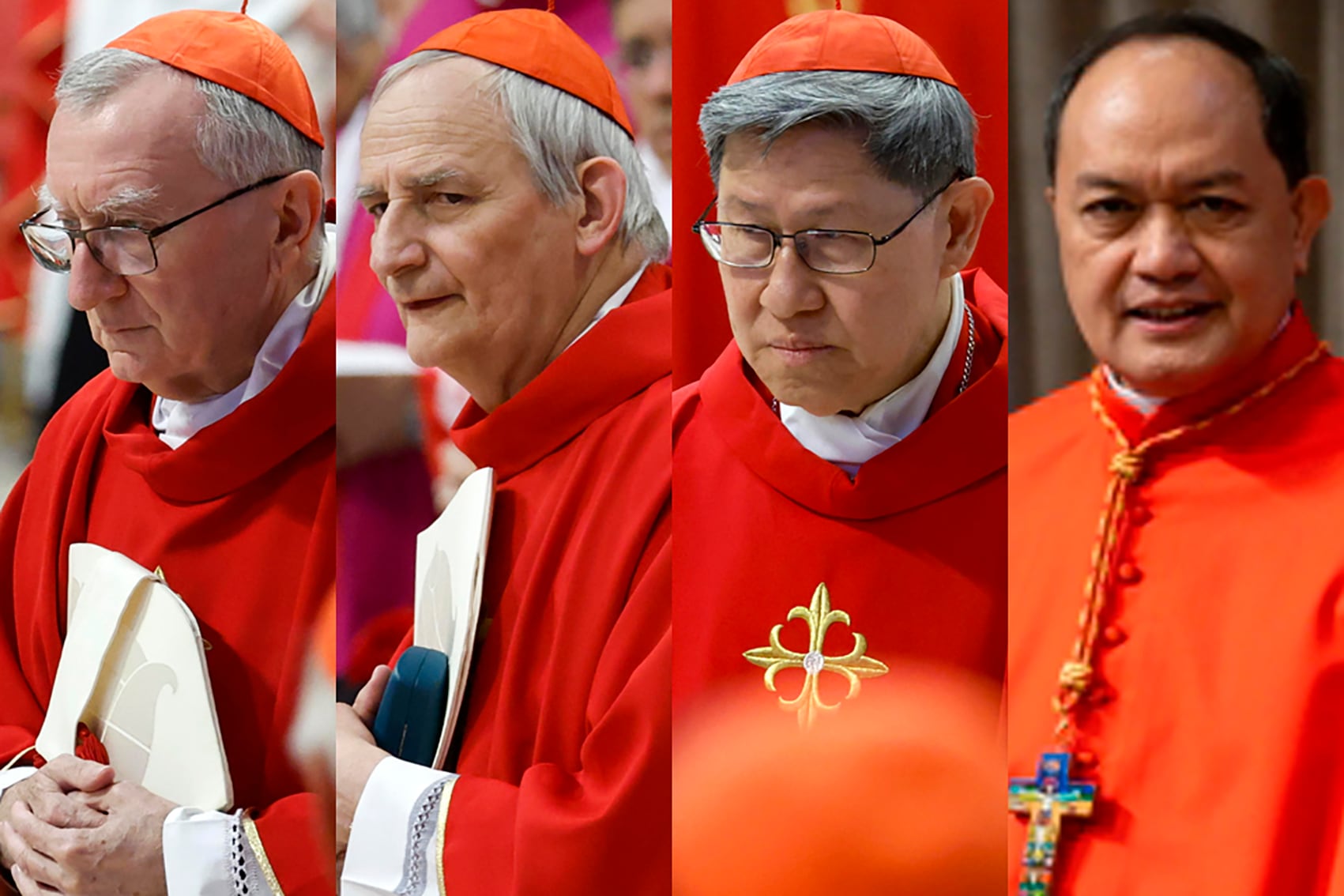 De iz. a der: Los cardenales Parolin, Zuppi, Tagle y Siongco David. 
