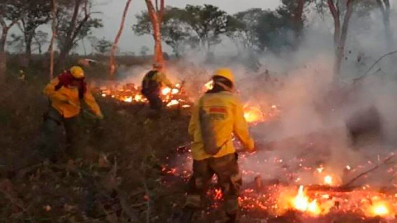 Los bomberos combaten el incendio forestal en la zona de Chiquitania.