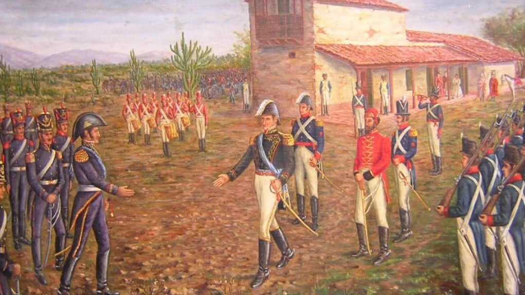 Belgrano entrega el mando del Ejército a San Martín, detrás Güemes. Una licencia del autor del cuadro ya que el salteño no estuvo en ese encuentro.