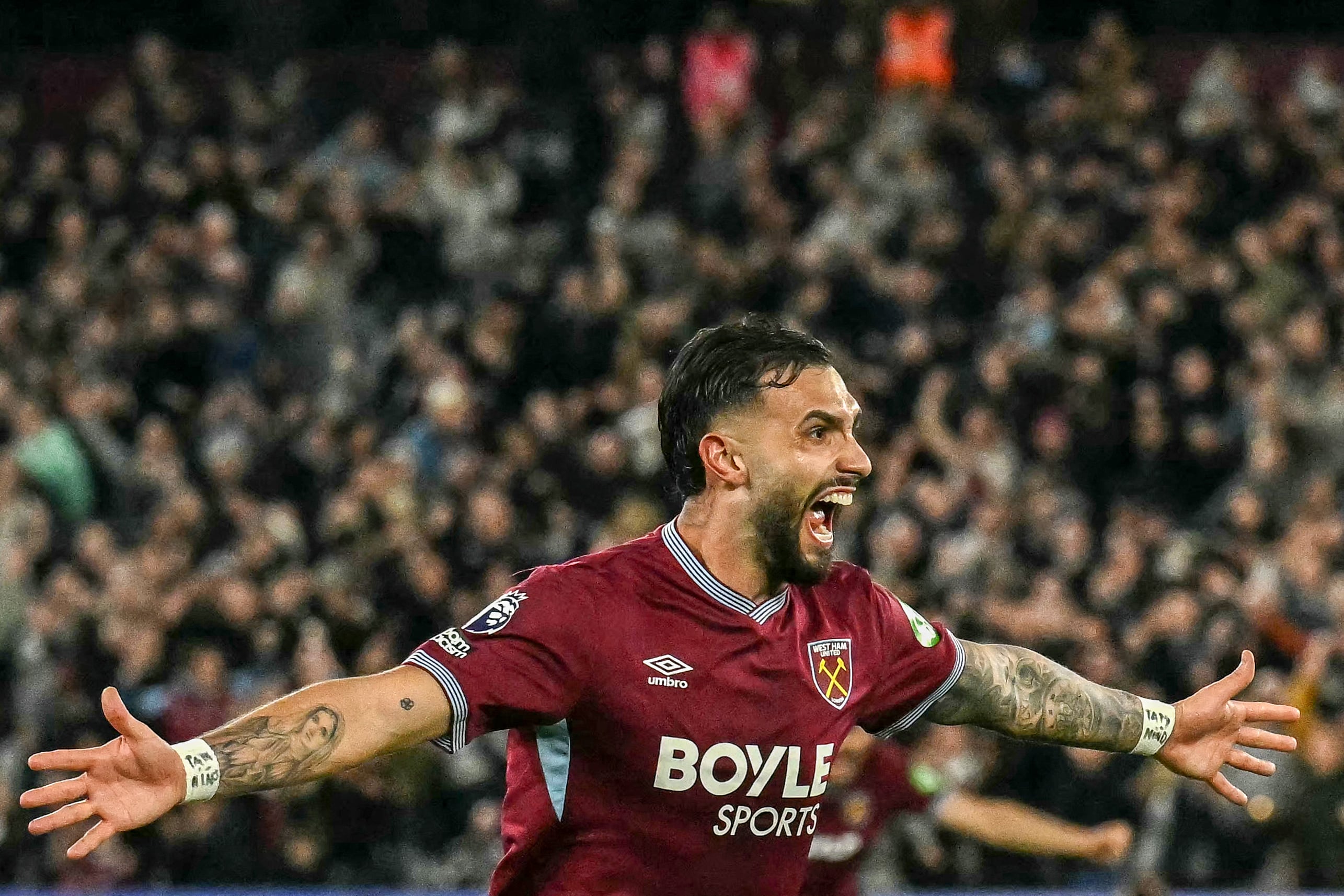 West Ham United's Argentinian striker #11 Taty Castellanos celebrates scoring the team's third goal during the English Premier League football