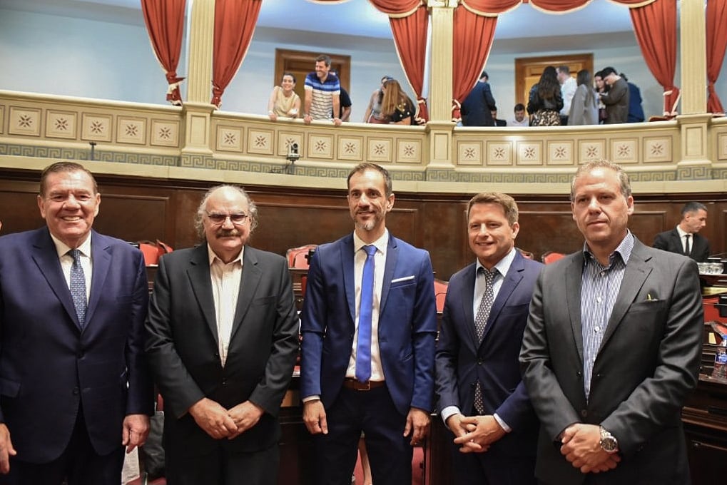 Guillermo Montenegro, Jorge Schiavone, Pablo Petrecca, Alex Campbell, Juan Manuel Rico Zini, senadores del PRO,
