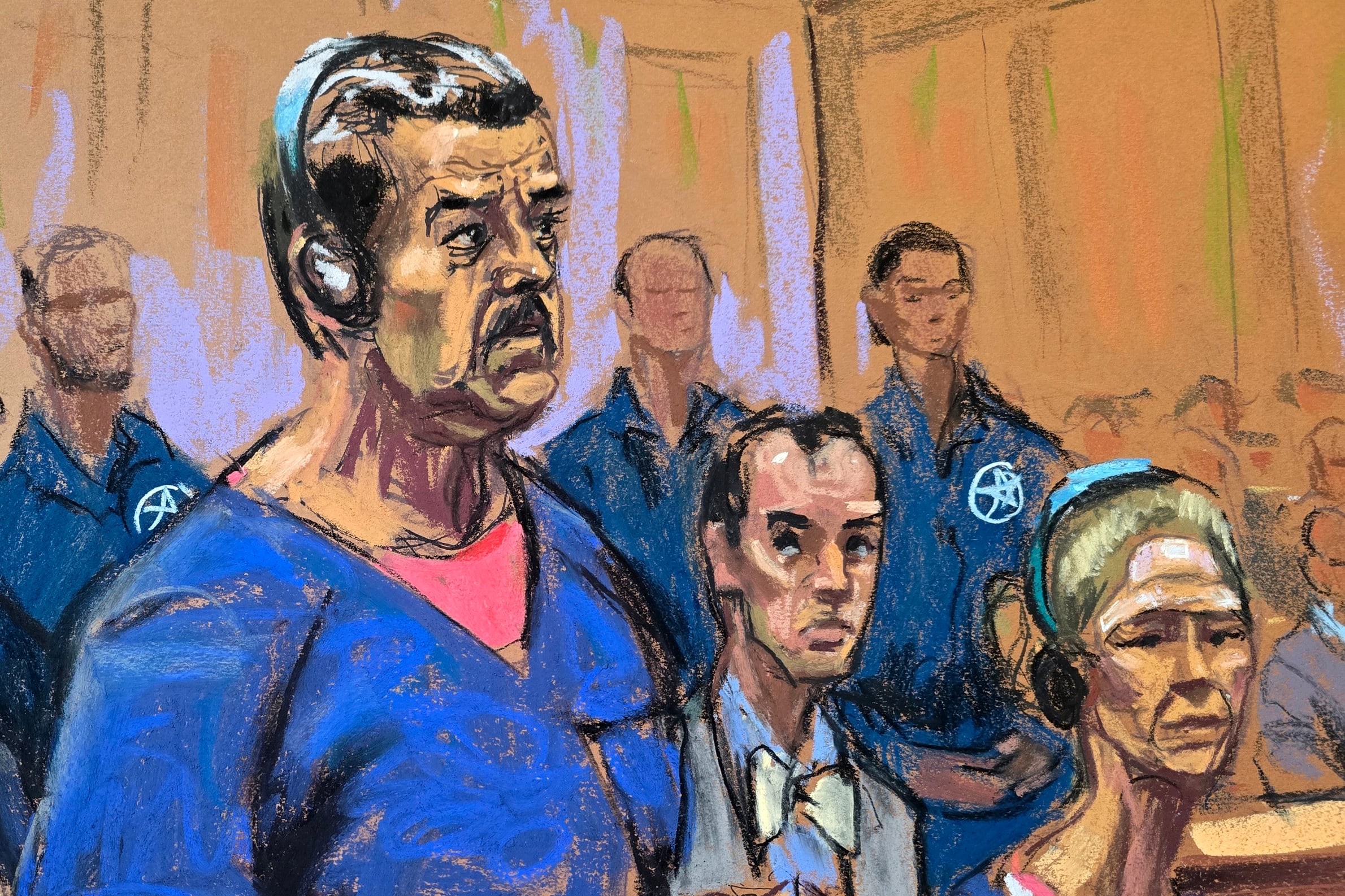 AME2481. NUEVA YORK (ESTADOS UNIDOS), 05/01/2026.- Fotografía de un dibujo realizado por la artista Jane Rosenberg donde aparece el presidente de Venezuela, Nicolás Maduro (i), junto a su esposa,, Cilia Flores (d), compareciendo ante un tribunal federal este lunes, en Nueva York (EE.UU.). Maduro se declaró con voz serena como "un hombre inocente" de los cargos de narcotráfico que la Administración de Donald Trump utilizó para justificar su captura y traslado a EE.UU., y dijo ser un "prisionero de guerra" ante el tribunal del Distrito Sur de Nueva York durante su primera comparecencia. EFE/ Jane Rosenberg