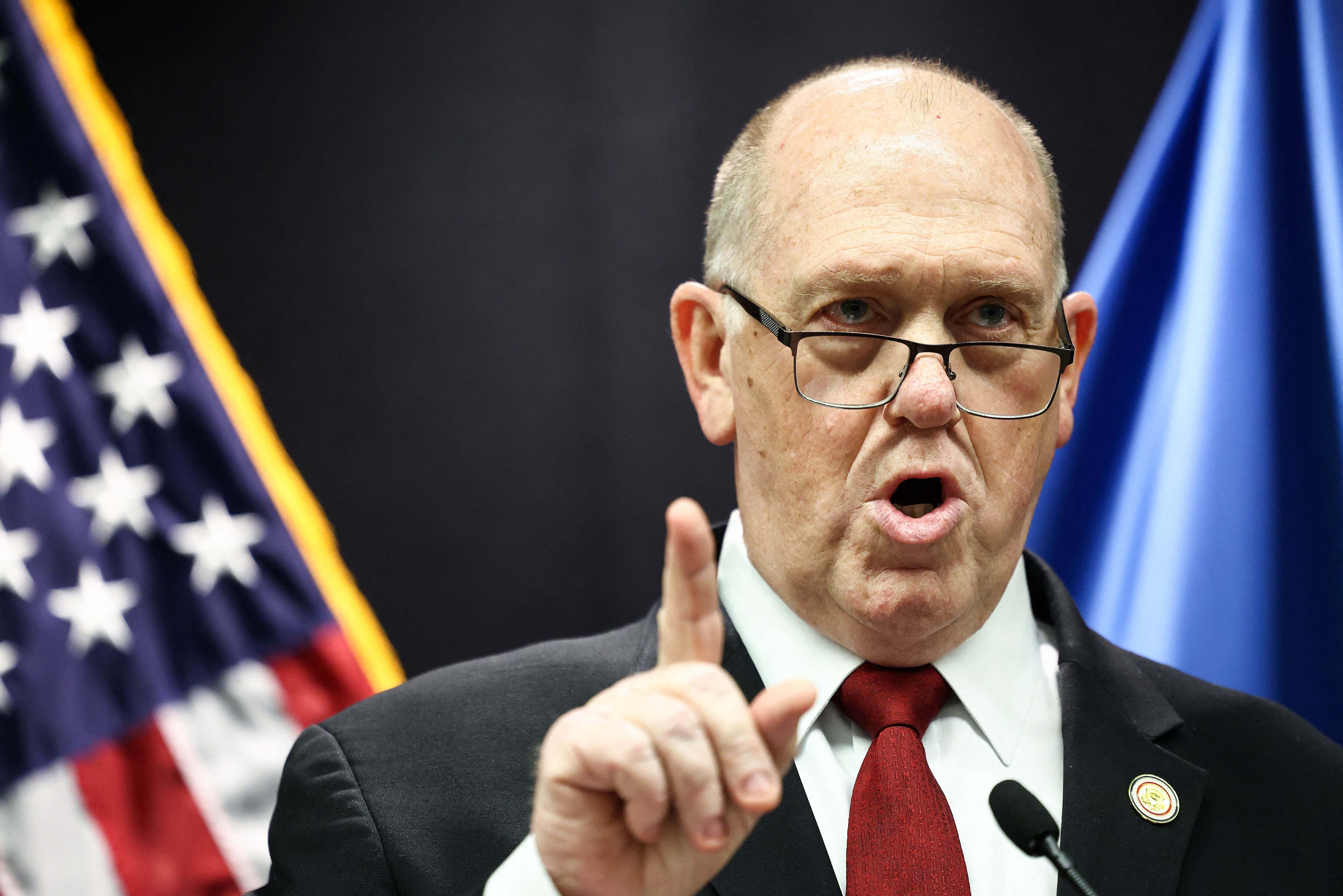 White House 'border czar' Tom Homan speaks during a press conference at the Bishop Henry Whipple Federal Building in Minneapolis, Minnesota, on February 4, 2026. Homan on Wednesday announced the removal of 700 immigration enforcement personnel from Minnesota after weeks of operations and the fatal shooting of two protesters that sparked outrage. Homan said the move would take effect "immediately," citing increased cooperation with local authorities, without specifying whether they would be taken out of the city of Minneapolis or elsewhere in the state. (Photo by CHARLY TRIBALLEAU / AFP)