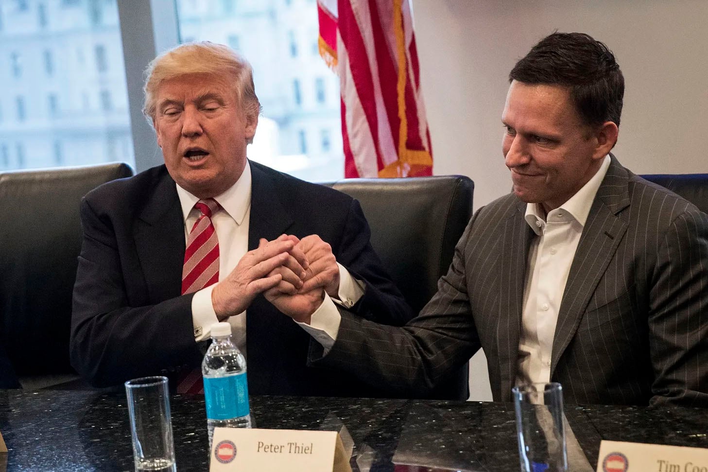 NEW YORK, NY - DECEMBER 14: (L to R) Vice President-elect Mike Pence looks on as President-elect Donald Trump shakes the hand of Peter Thiel during a meeting with technology executives at Trump Tower, December 14, 2016 in New York City. This is the first major meeting between President-elect Trump and technology industry leaders. Drew Angerer/Getty Images/AFP (Photo by Drew Angerer / GETTY IMAGES NORTH AMERICA / Getty Images via AFP)