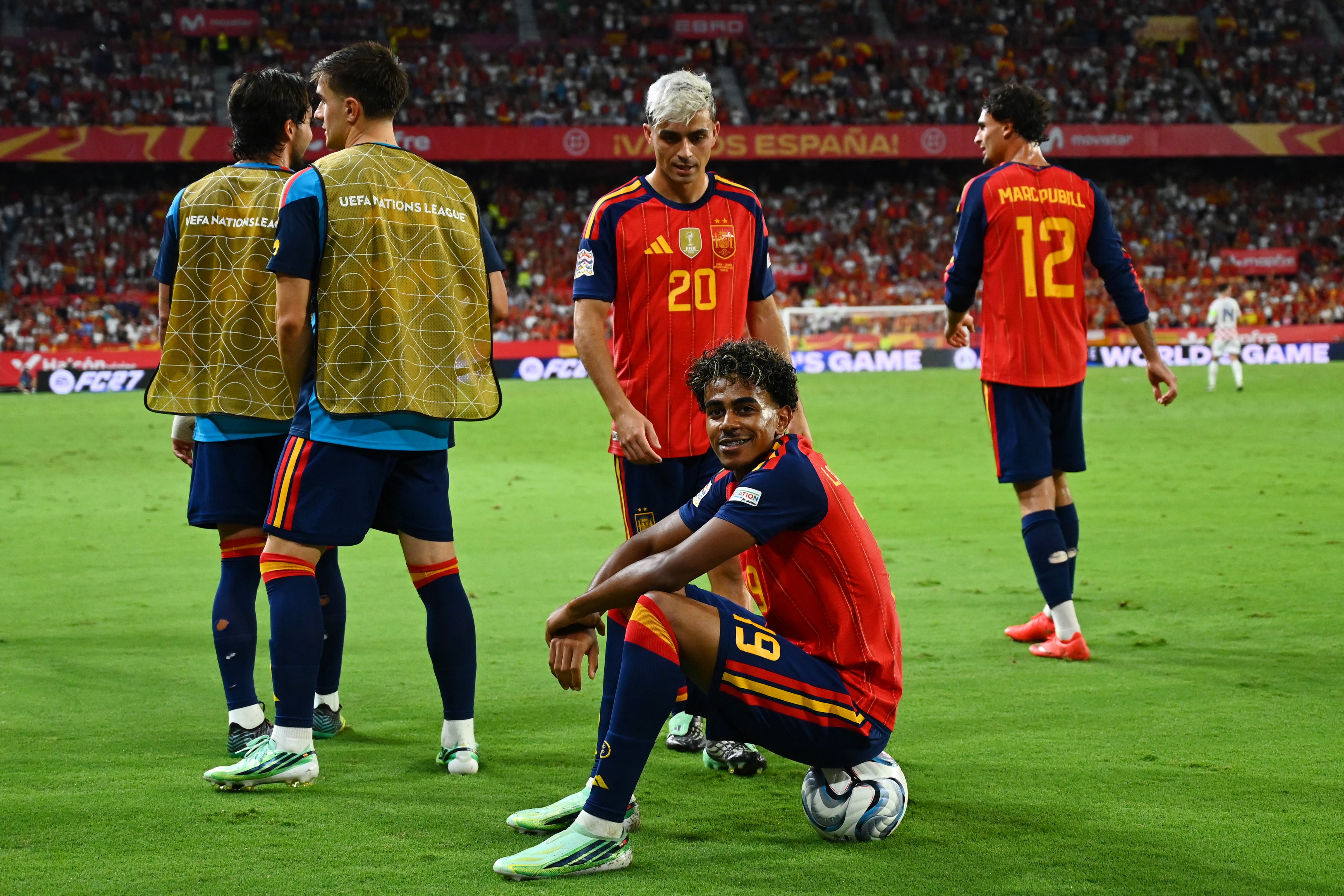 Spain's forward #19 Lamine Yamal celebrates scoring his team's third goal during the UEFA Nations League league phase group A3 football match between Spain and Croatia at Ramon Sanchez Pizjuan Stadium in Seville on September 29, 2026. (Photo by JORGE GUERRERO / AFP)