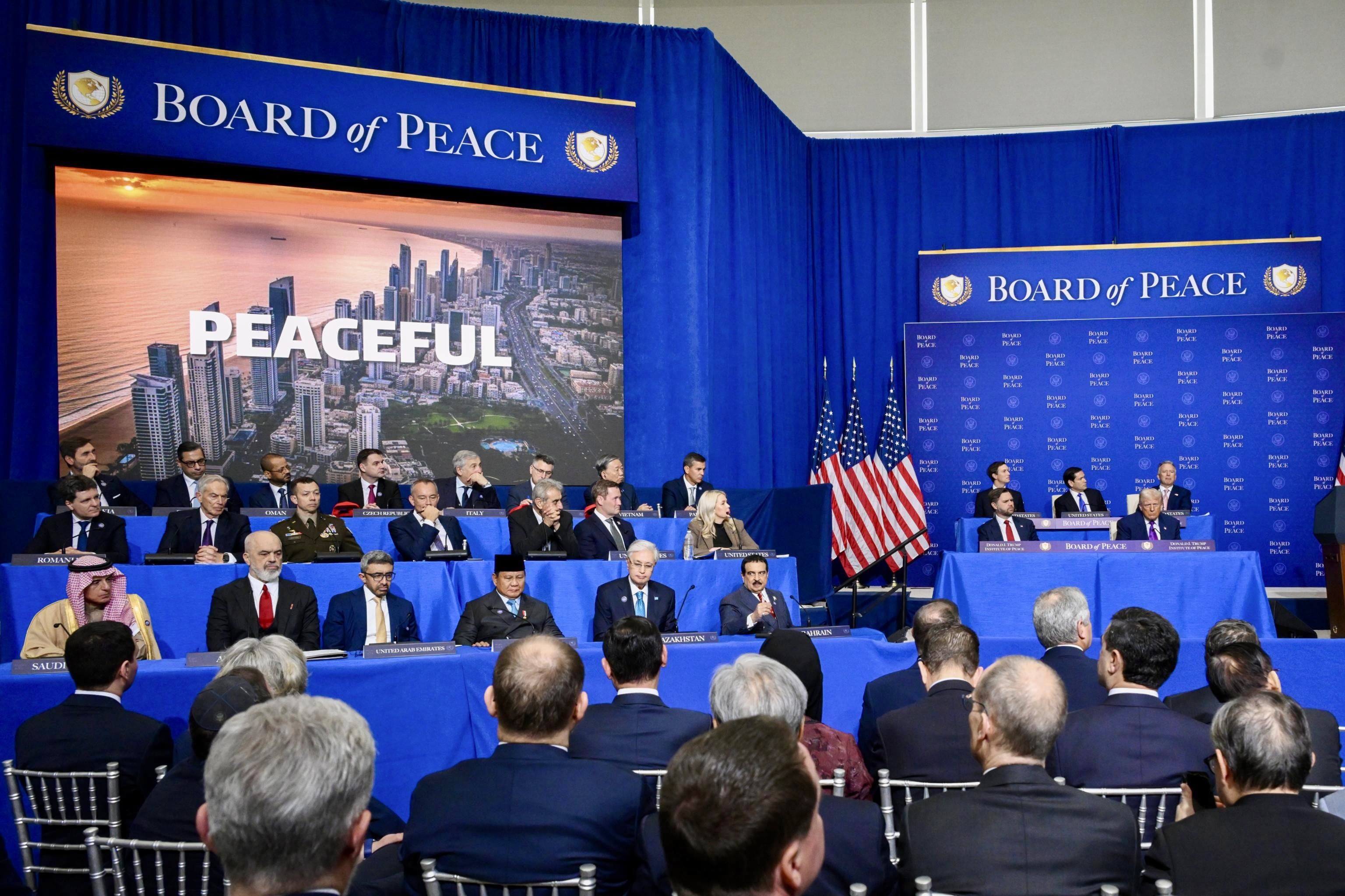 Washington (United States), 19/02/2026.- The Gaza reconstruction plan is shown on a screen during the Board of Peace