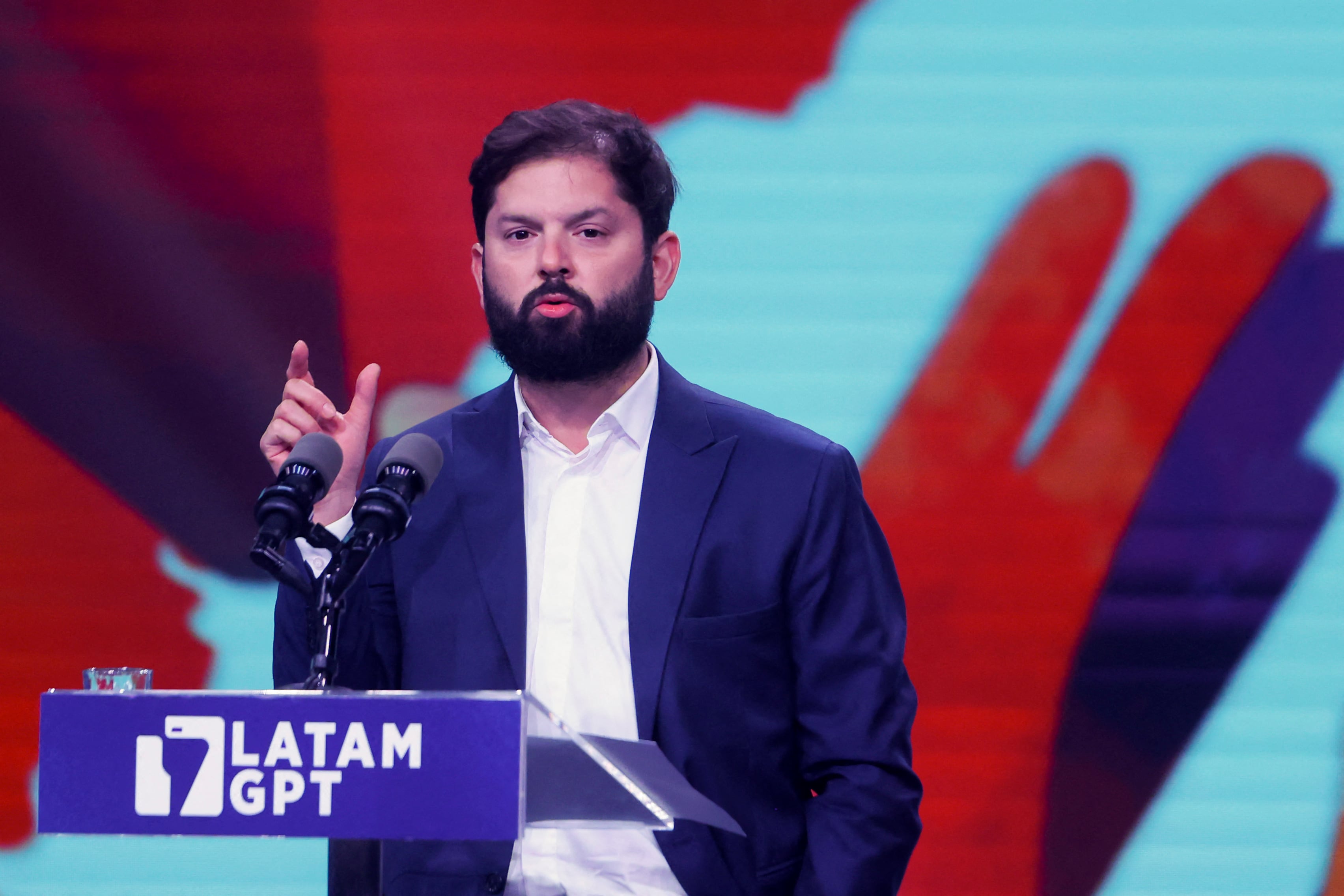 Chile's President Gabriel Boric speaks during the launch ceremony  of the Latam-GPT platform in Santiago on February 10, 2026