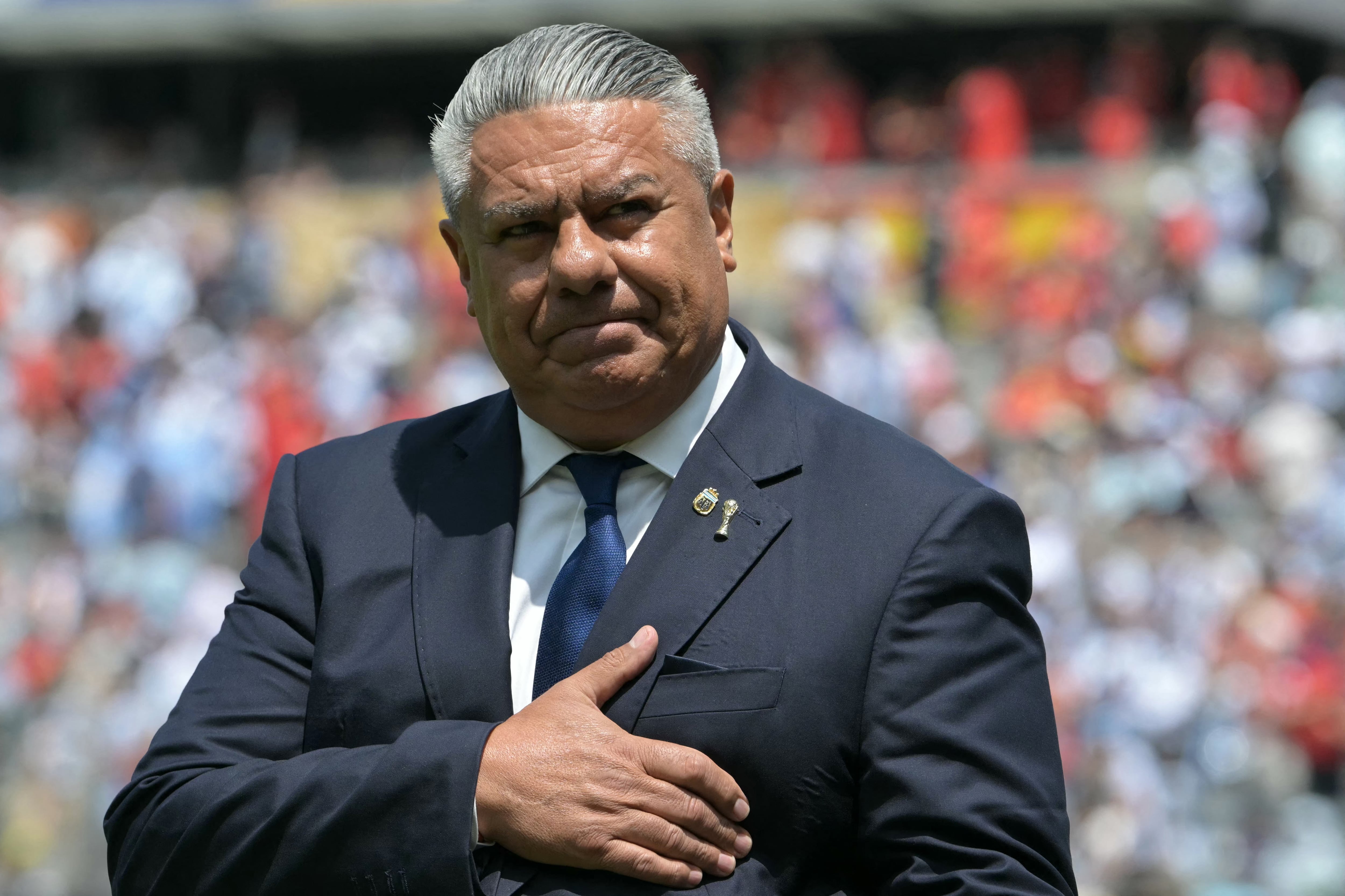 Argentine Football Association Claudio Tapia gestures ahead of the 2026 World Cup football tournament final match between Spain and Argentina at the New York/New Jersey Stadium in East Rutherford on July 19, 2026. (Photo by JUAN MABROMATA / AFP)
