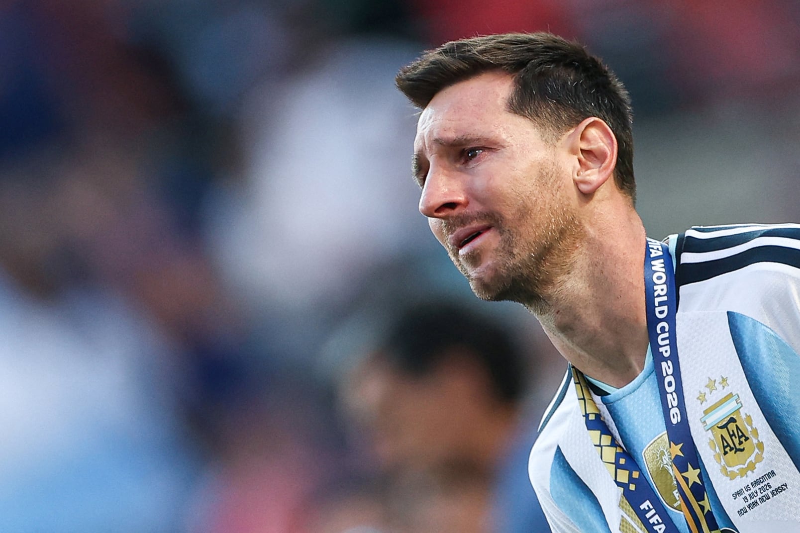 Argentina's forward #10 Lionel Messi reacts after losing the 2026 World Cup football tournament final match between Spain and Argentina at the New York/New Jersey Stadium in East Rutherford on July 19, 2026.  (Photo by PATRICIA DE MELO MOREIRA / AFP)