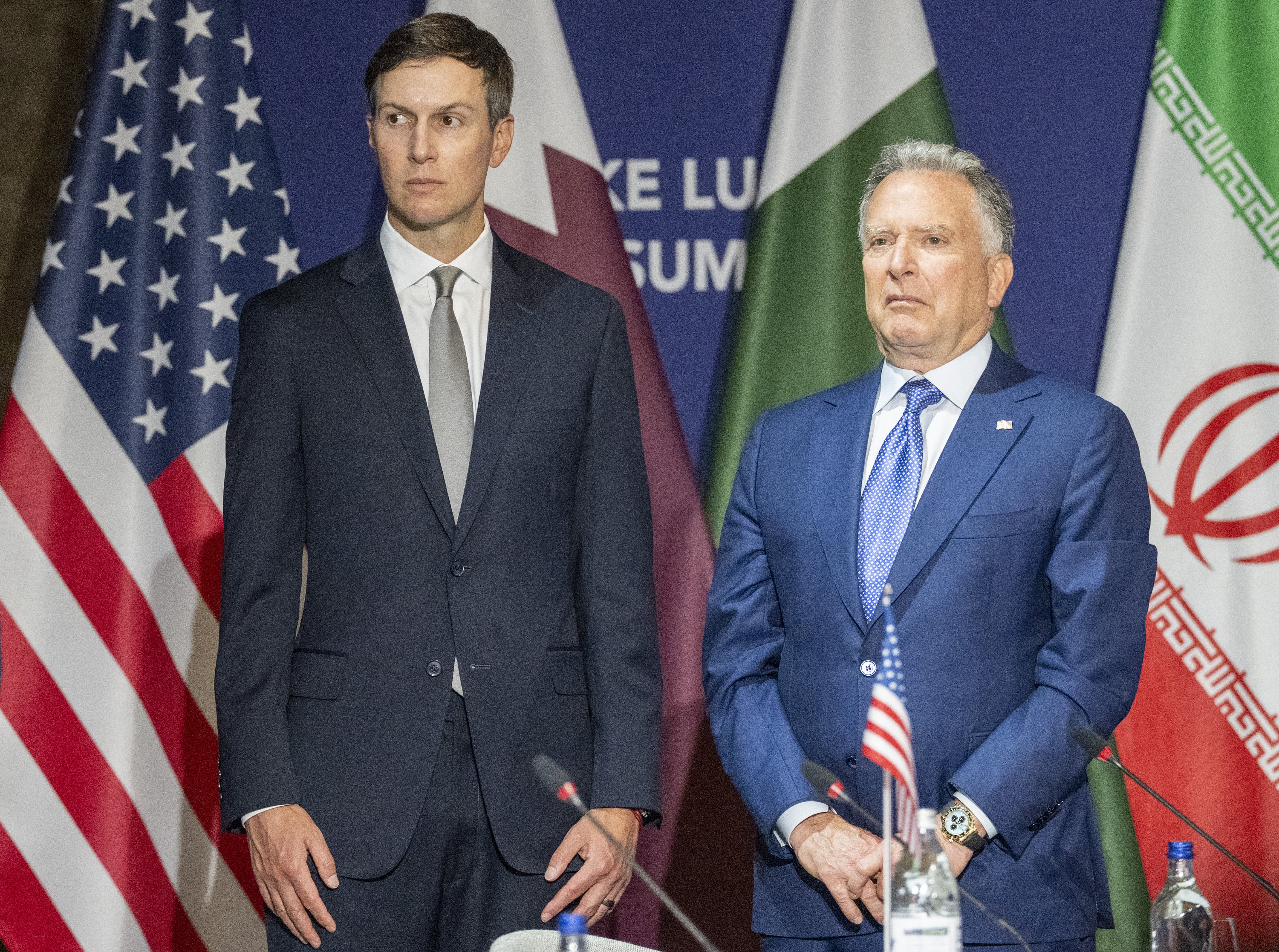 Us President's son-in-law Jared Kushner (L) and US President's special envoy Steve Witkoff stand prior to a quadrilateral meeting between the United States, Iran, Pakistan and Qatar at the Burgenstock luxury hotel complex overlooking Lake Lucerne, Switzerland, on June 21, 2026, as part of high-level talks aimed at advancing a deal to end the Middle East conflict. A new round of negotiations over the Middle East war was set to kick off on June 21, 2026 with Iranian negotiators