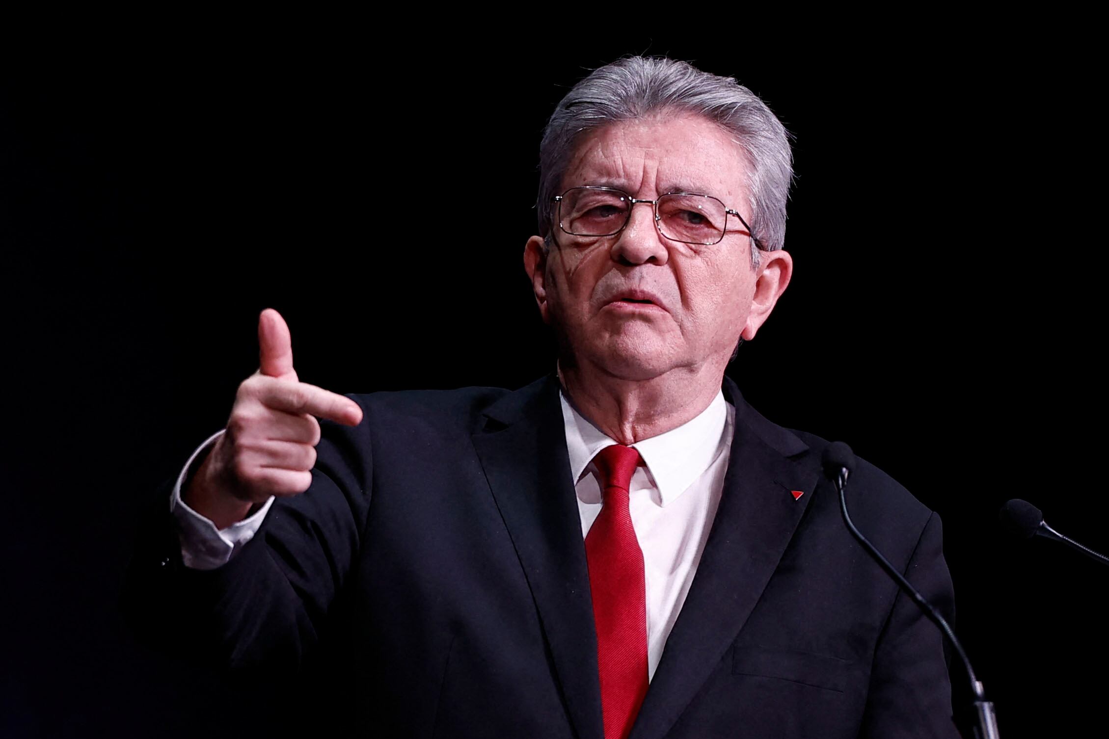 Leader of French left-wing La France Insoumise (LFI) party Jean-Luc Melenchon delivers a speech at a campaign rally of the left-wing lists candidates ahead of France's upcoming municipal elections at the Mutualite venue in Paris on March 9, 2026. (Photo by Kenzo TRIBOUILLARD / AFP)