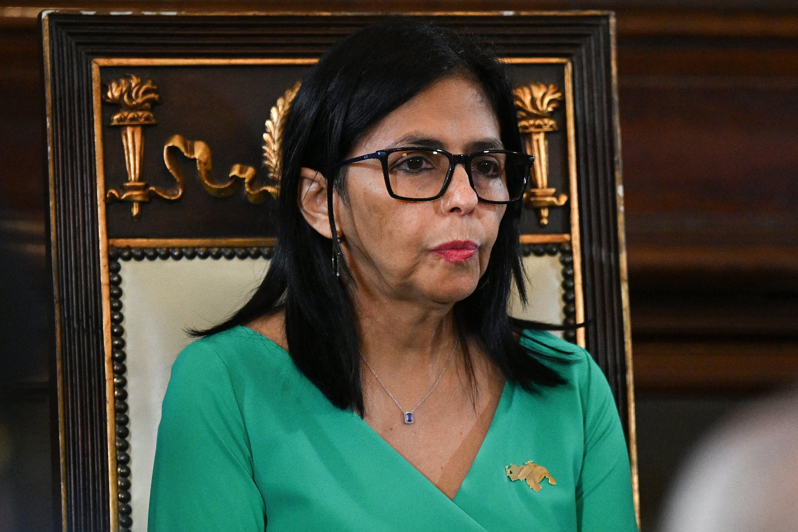 Venezuela's vice-President Delcy Rodriguez attends a session of the National Assembly to swear in as Venezuela's interim President in Caracas on January 5, 2026. Venezuela's new parliament opened on January 5 with lawmakers chanting "Let's go Nico!" as they forcibly denounced the recent capture of leftist leader Nicolas Maduro in a US military operation on January 3. (Photo by Federico PARRA / AFP)