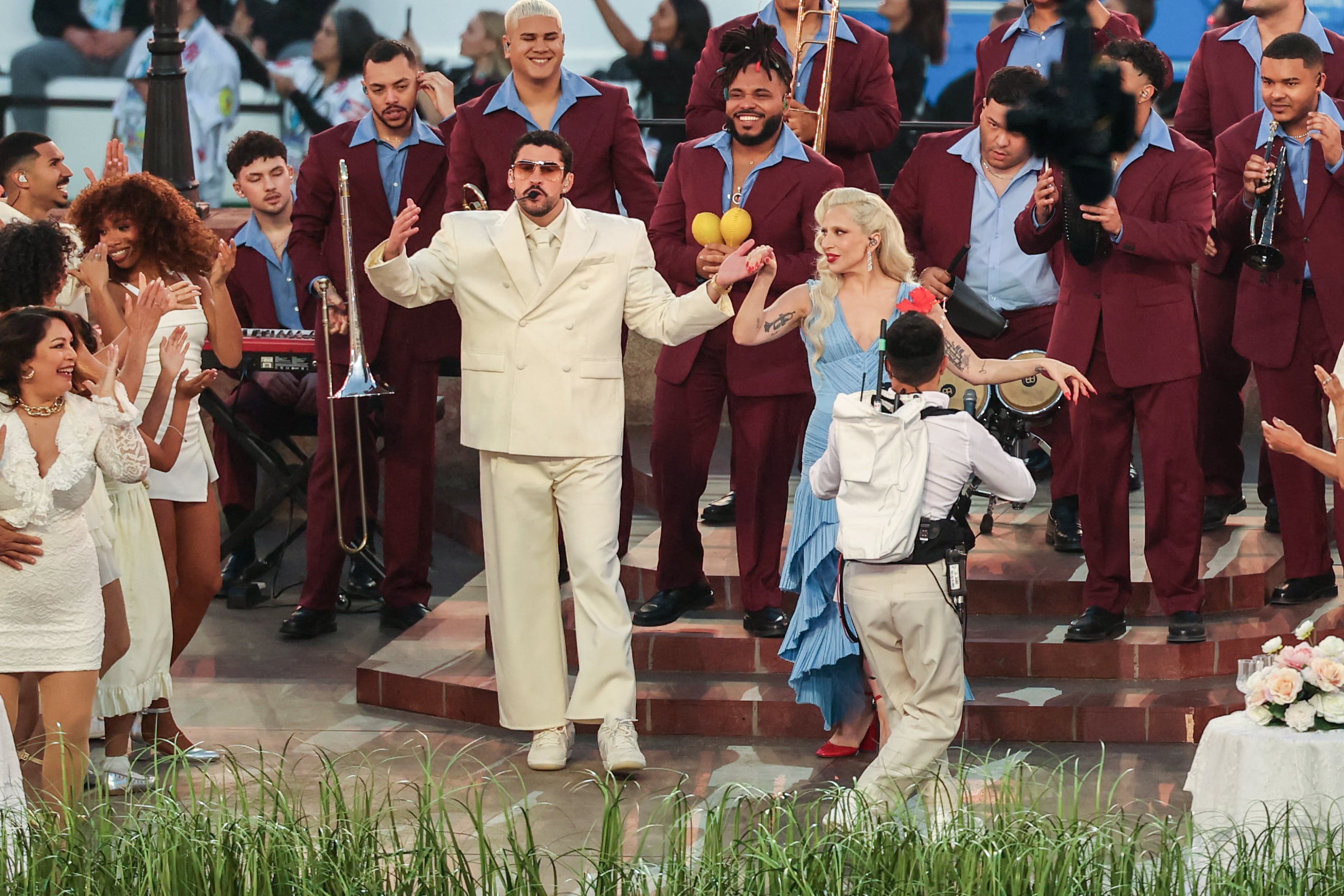 US singer-songwriter Lady Gaga and Puerto Rican singer Bad Bunny perform during Super Bowl LX