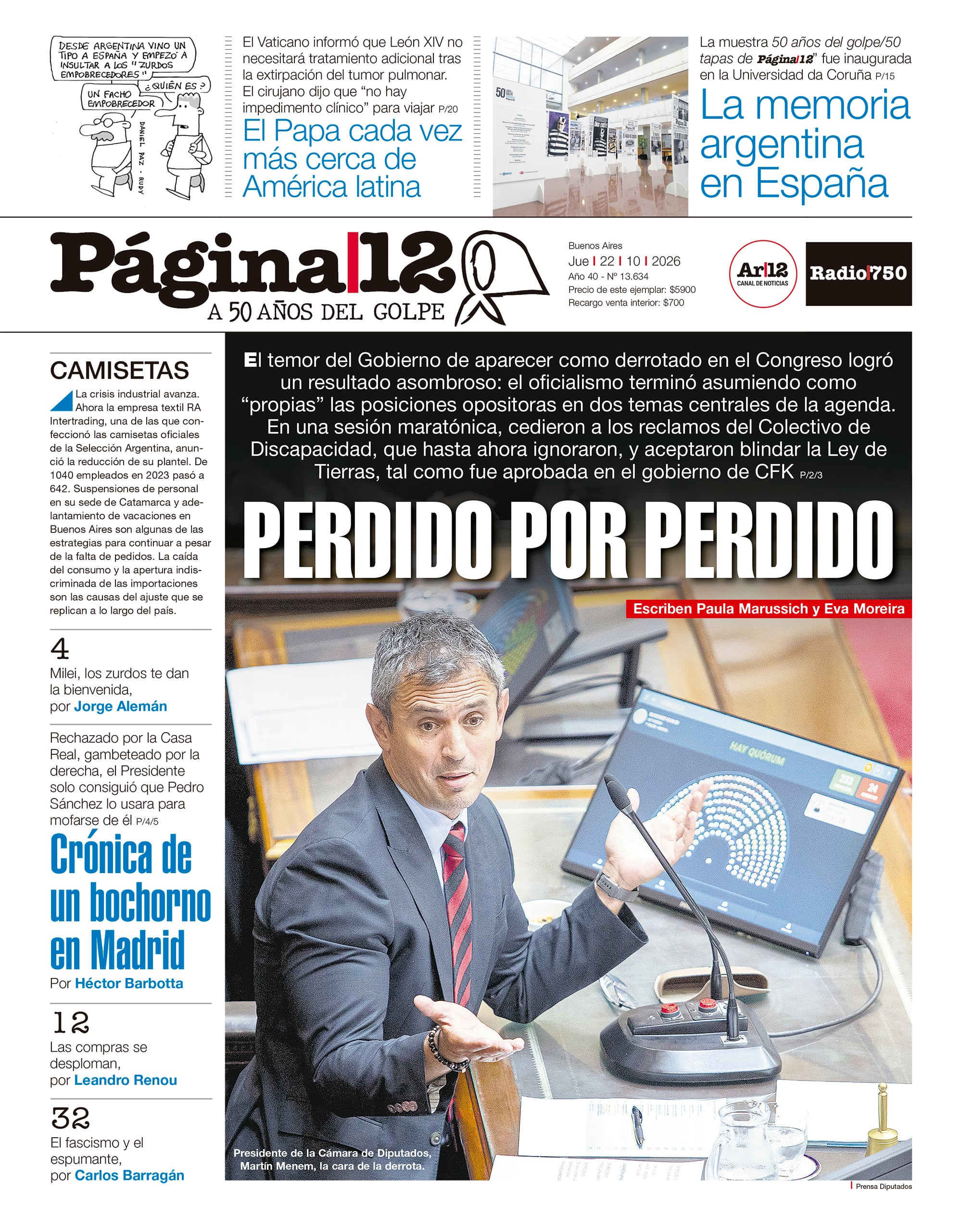 Presidente de la Cámara de Diputados, Martín Menem, la cara de la derrota.