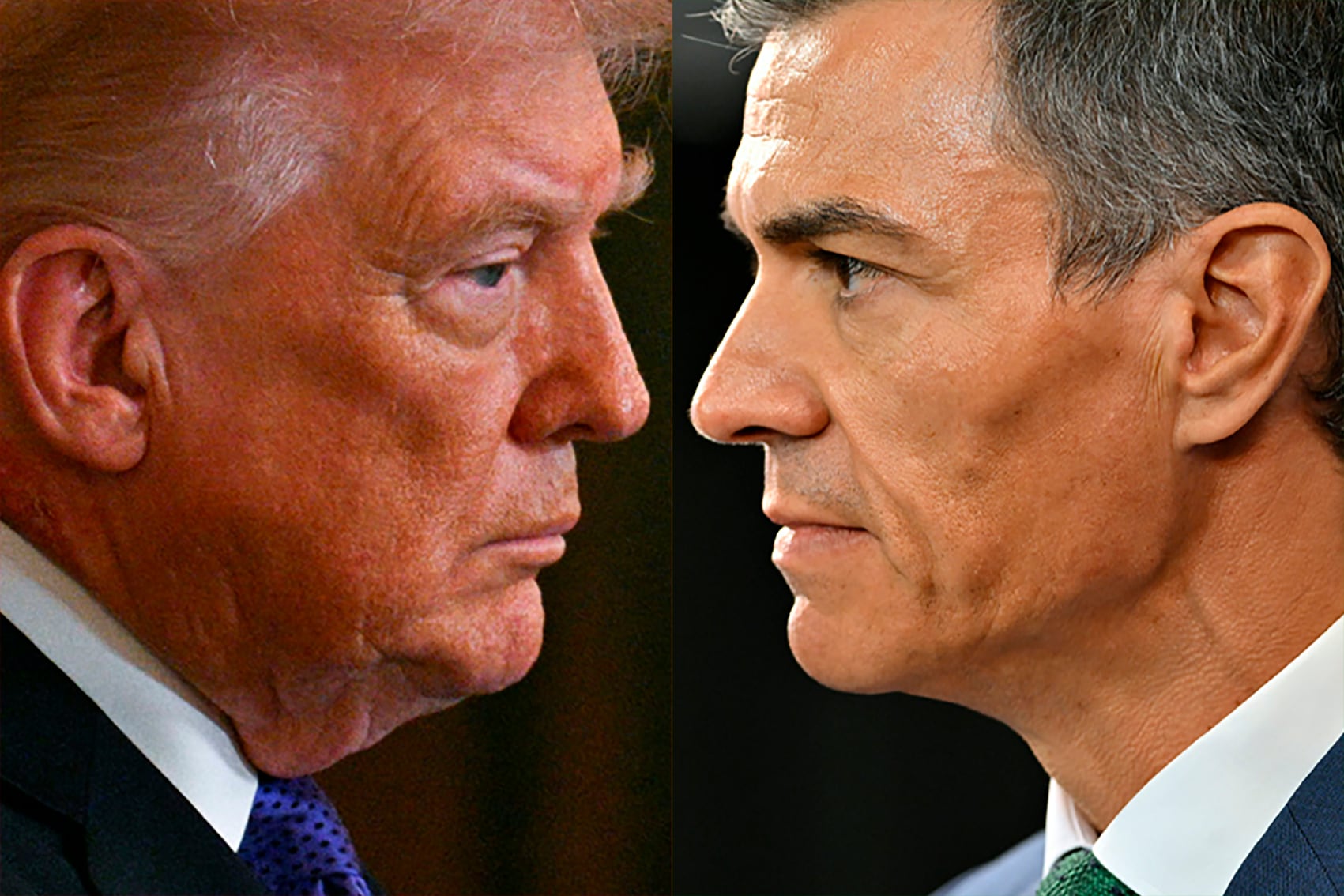 (COMBO) This combination of file pictures created on March 4, 2026 shows US President Donald Trump (L) waiting to speak during a Medal of Honor ceremony in the East Room of the White House on March 2, 2026, in Washington, DC and Spanish Prime Minister Pedro Sanchez looking on after a meeting with Uruguay's President Yamandu Orsi at the Torre Ejecutiva (Executive Tower), the government's headquarters, in Montevideo on July 22, 2025. Spanish PM Pedro Sanchez hit back today at US President Donald Trump's criticisms of Madrid's refusal to let US planes use its bases to attack Iran, saying "no to war". (Photo by Jim WATSON and Santiago Mazzarovich / AFP)