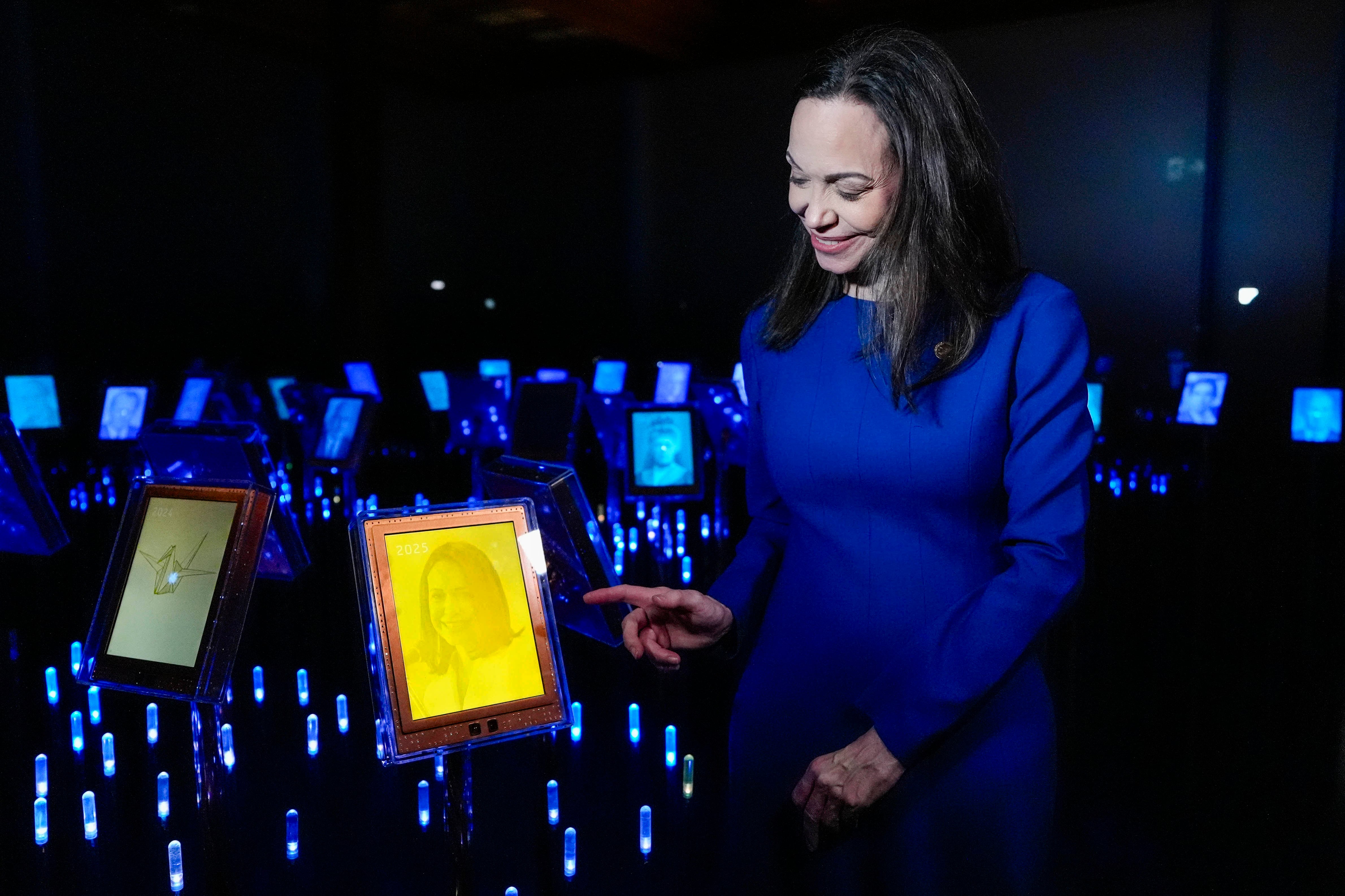 OSLO (Norway), 11/12/2025.- Nobel Peace Prize laureate Maria Corina Machado attends the opening of the official Peace Prize exhibition at the Nobel Peace Center in Oslo, Norway, 11 December 2025. She received the Nobel Peace Prize 2025 for her tireless work promoting democratic rights for the people of Venezuela and for her struggle to achieve a just and peaceful transition from dictatorship to democracy. (Noruega) EFE/EPA/LISE ASERUD NORWAY OUT
